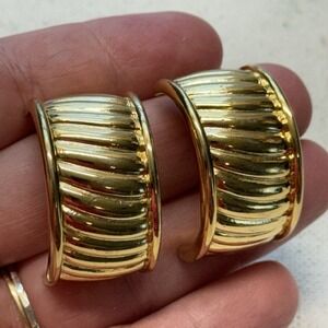 Vintage GIVENCHY Chunky Ribbed Pierced Earrings Half Hoop Gold Plated Post